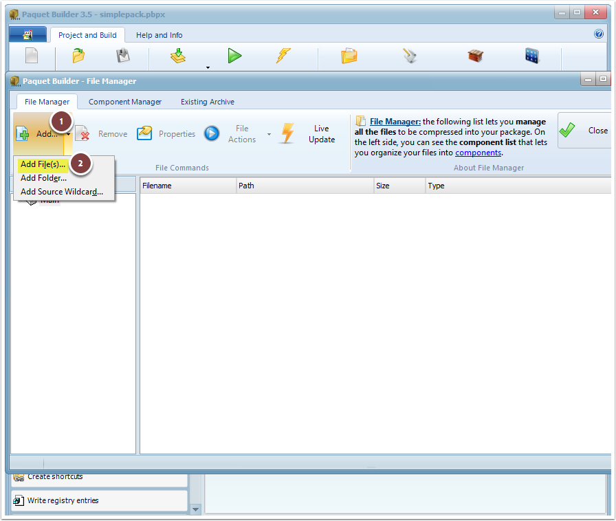 Choose Add and how you want to add files. Drag and drop from Windows Explorer is also possible