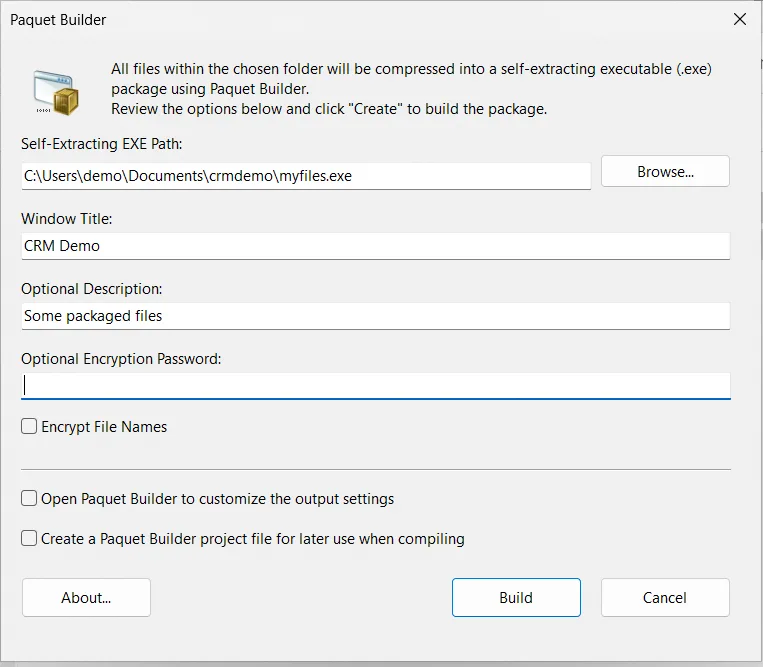 Self-extracting archive build dialog with window title, description, encryption, and output path settings