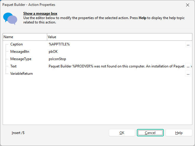 Action Properties Editor showing a Show a Message Box action, with an edit button on each text property