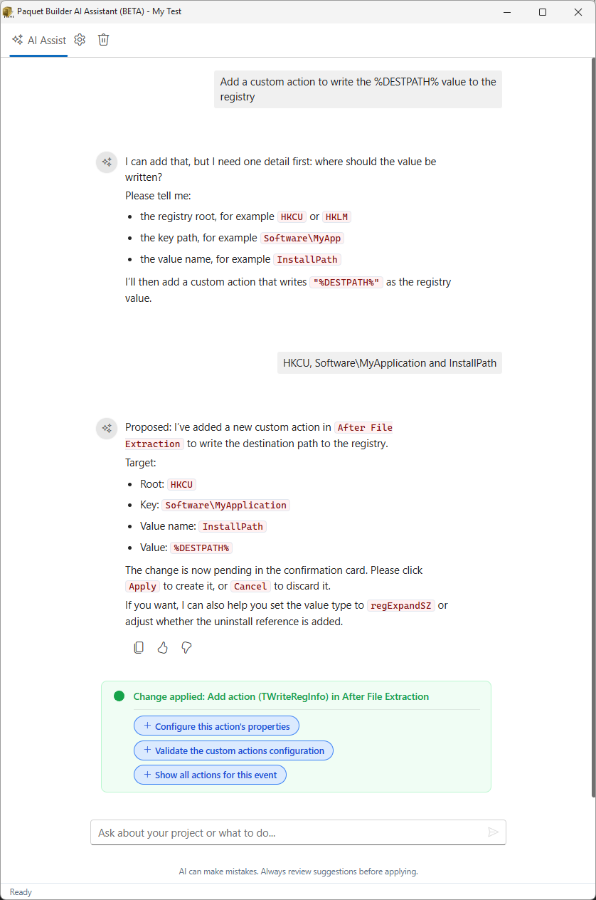 AI assistant adding a registry custom action through conversation