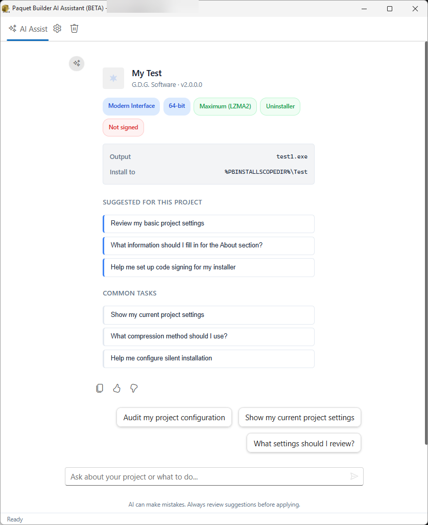 AI assistant overview inside Paquet Builder
