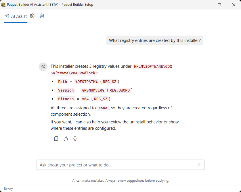 AI assistant analyzing registry entries of an existing project