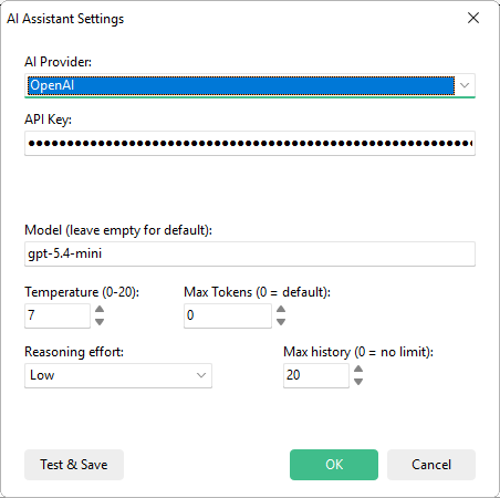 AI settings panel in Paquet Builder