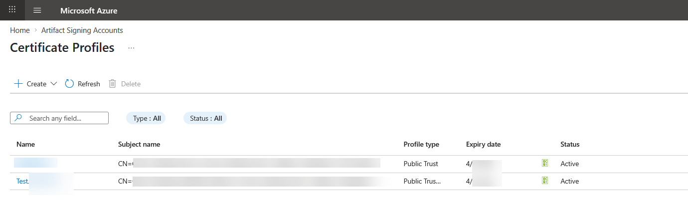 Certificate Profiles in Azure Portal