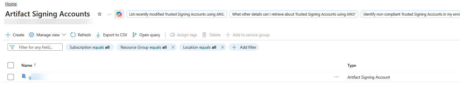 Azure Signing Accounts in portal