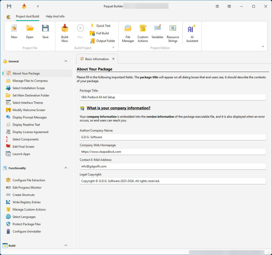 Package configuration in Paquet Builder