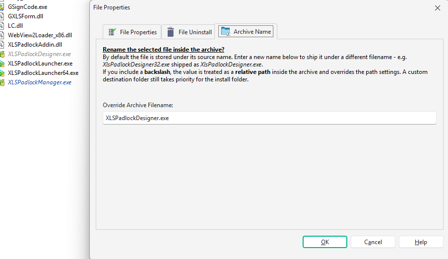 The new Archive Name tab in the File Properties dialog, with Override Archive Filename set so XLSPadlockDesigner32.exe is shipped inside the archive as XLSPadlockDesigner.exe