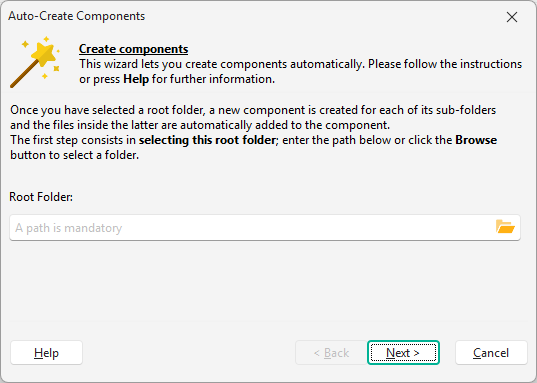 Component Wizard in Paquet Builder automatically generating components from a folder tree
