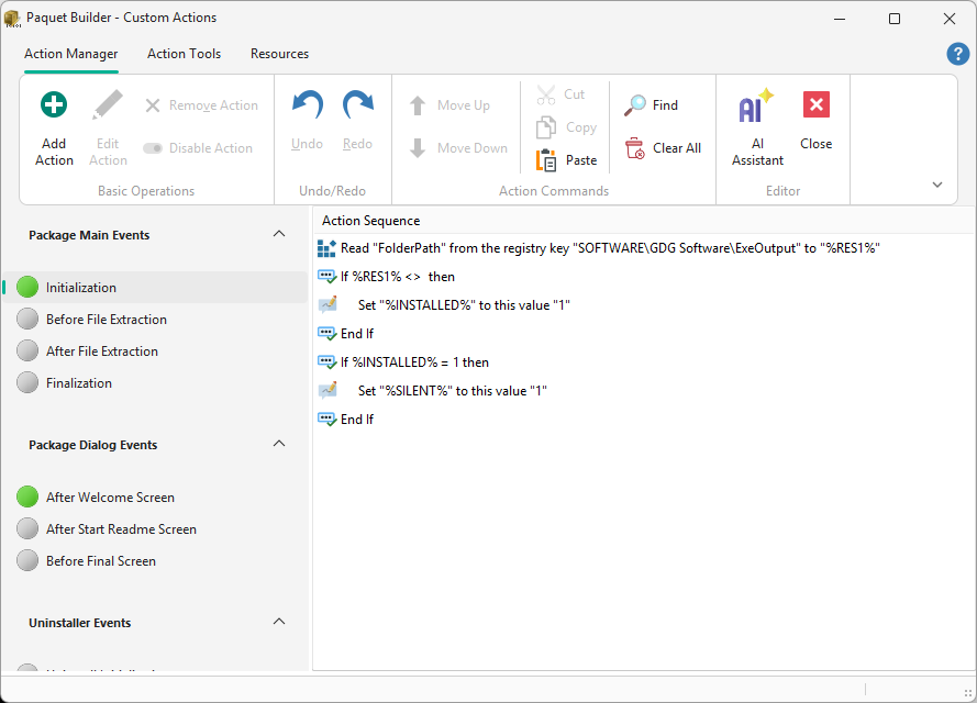 Custom Action Manager showing event tree and action sequence