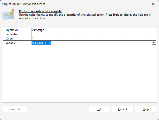 Editing custom action properties in Paquet Builder