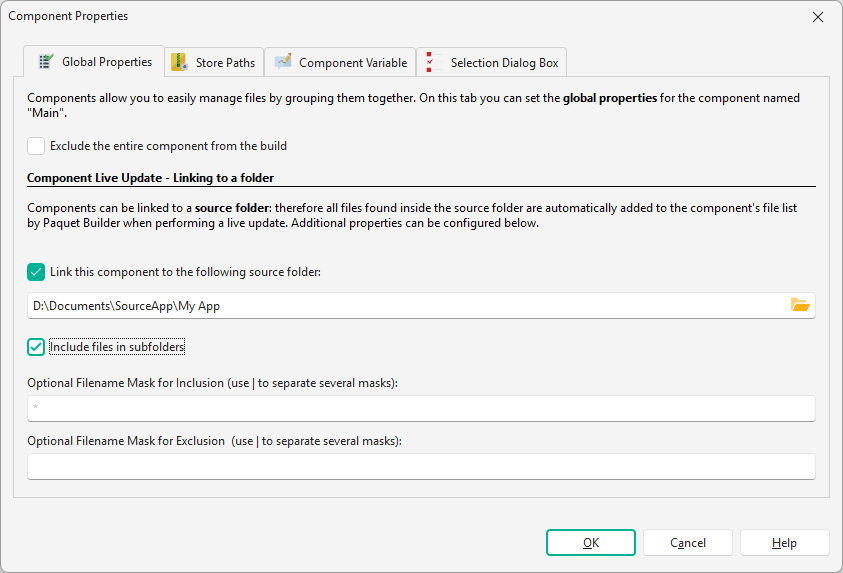 Component Properties dialog in Paquet Builder with Global Properties tab, group, size and default state