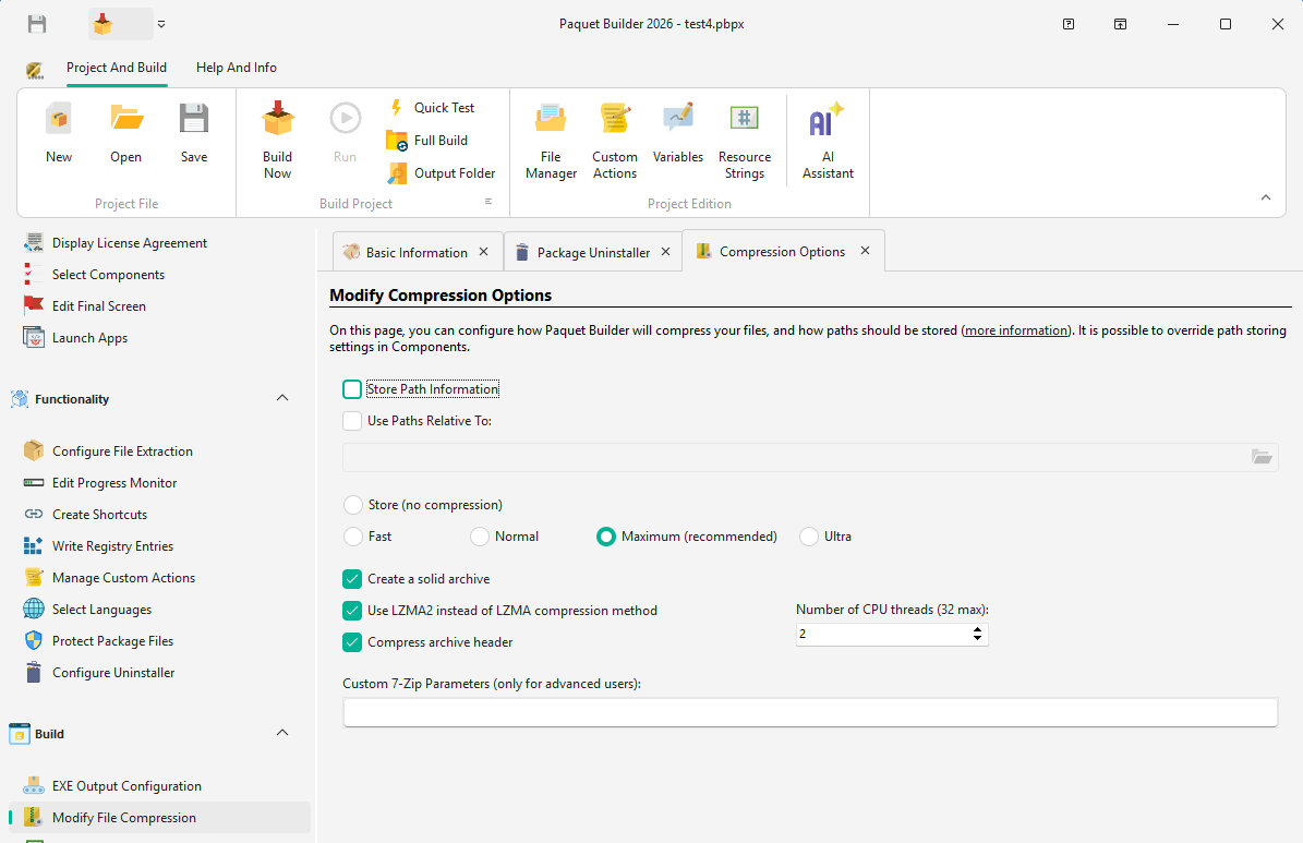 Compression options in Paquet Builder