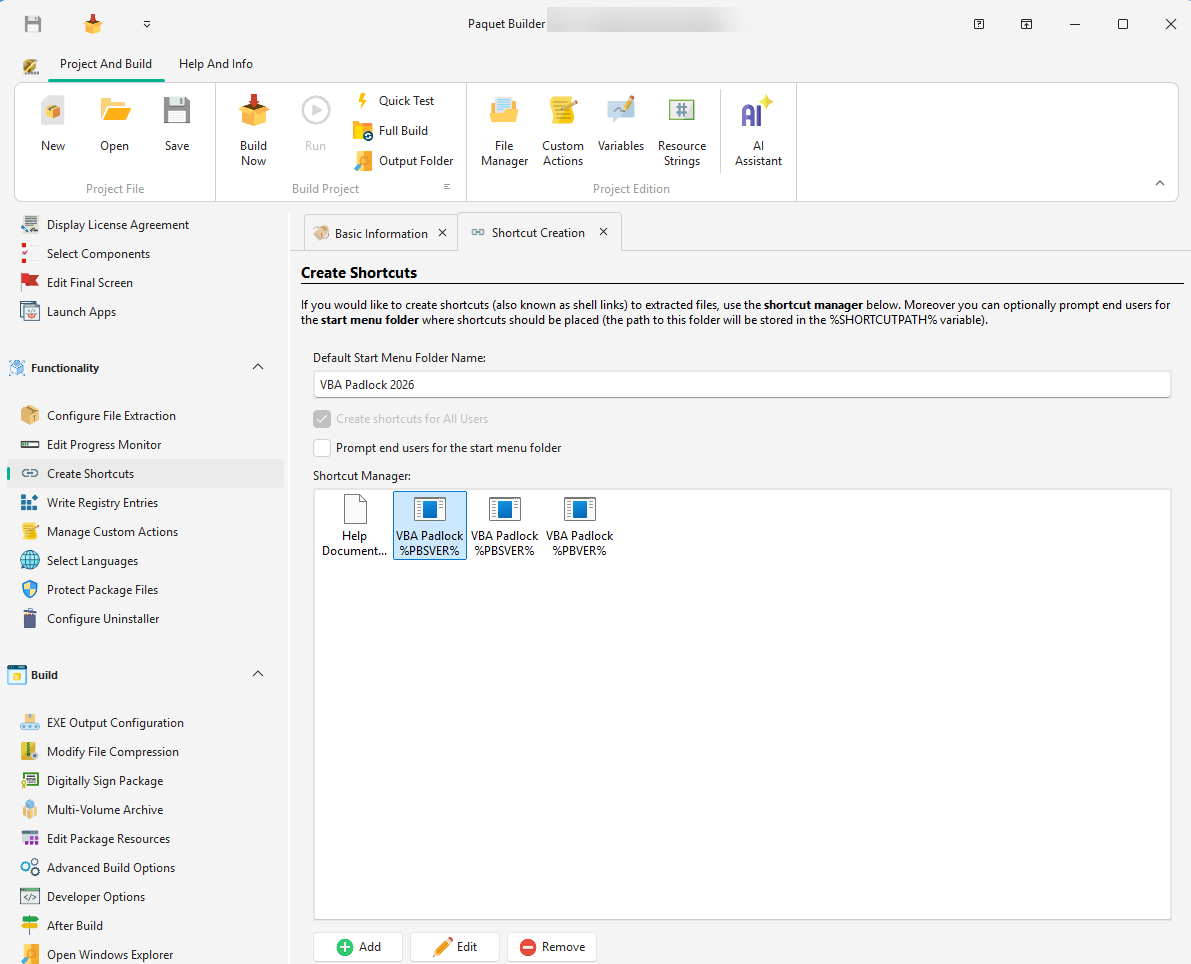 Shortcut and registry entry configuration in the Paquet Builder visual IDE