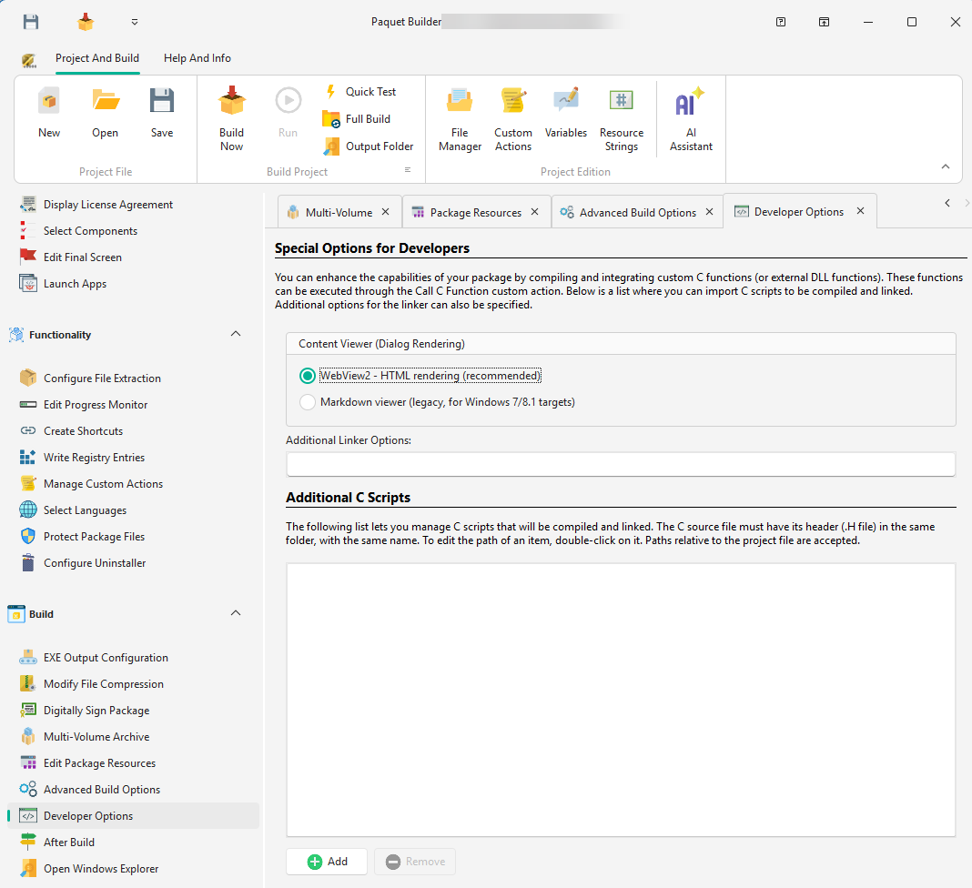 Developer options for build automation