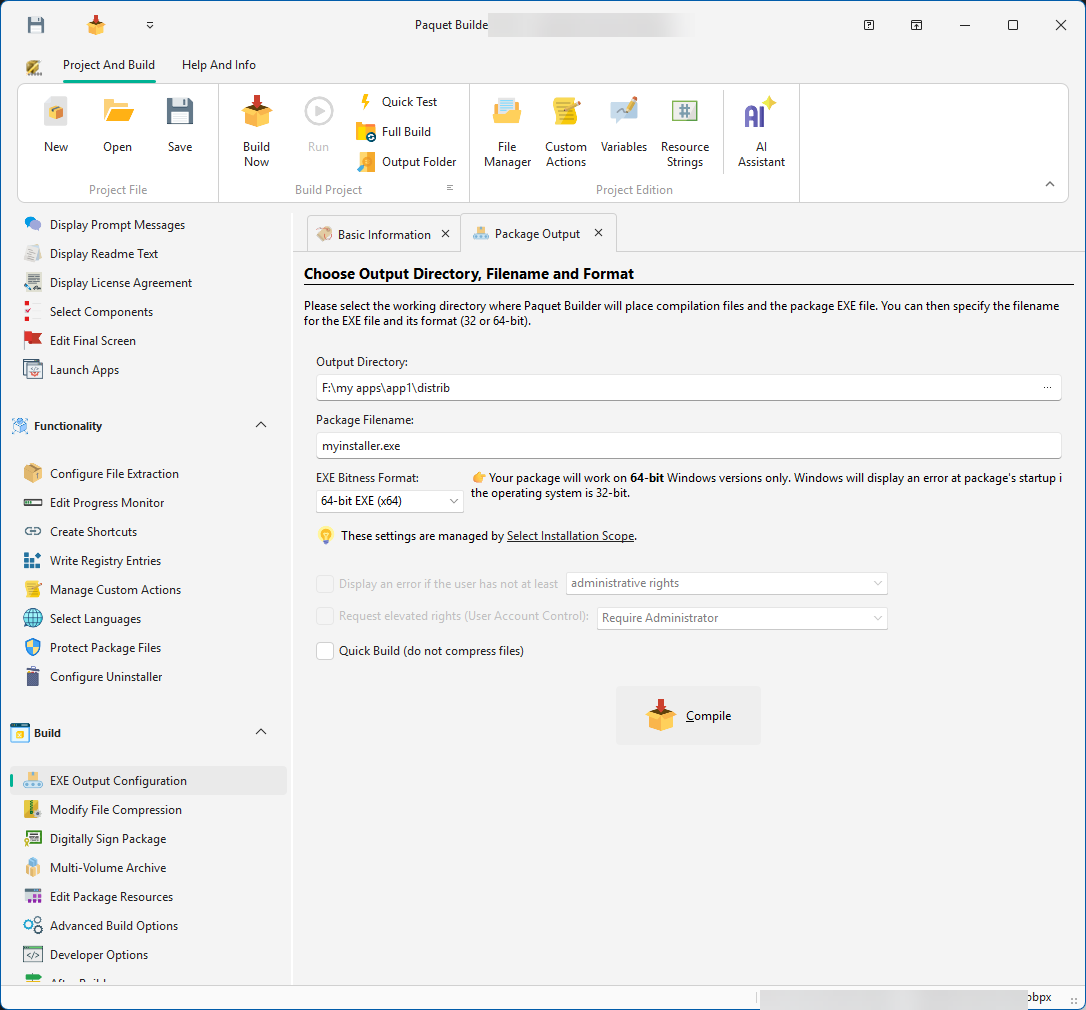 Package Output configuration in Paquet Builder with 32-bit, 64-bit and ARM64 build targets