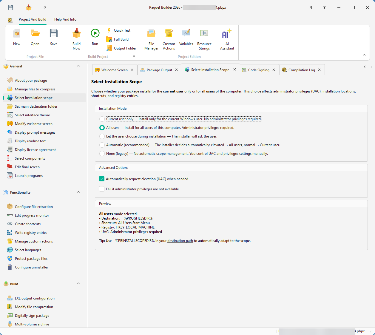 Installation Scope settings