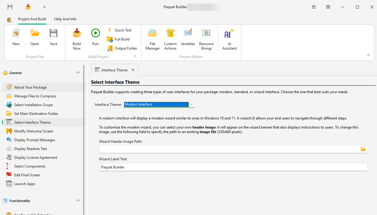 Interface theme selection in Paquet Builder