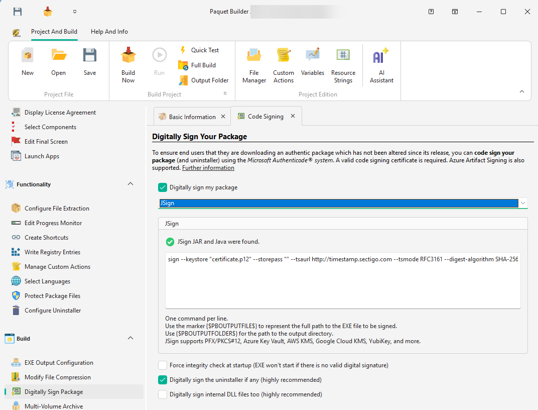JSign code signing settings — supports Azure Key Vault, AWS KMS, Google Cloud KMS, and hardware tokens