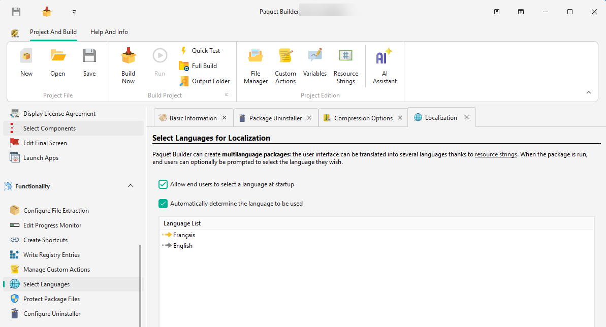Language manager in Paquet Builder