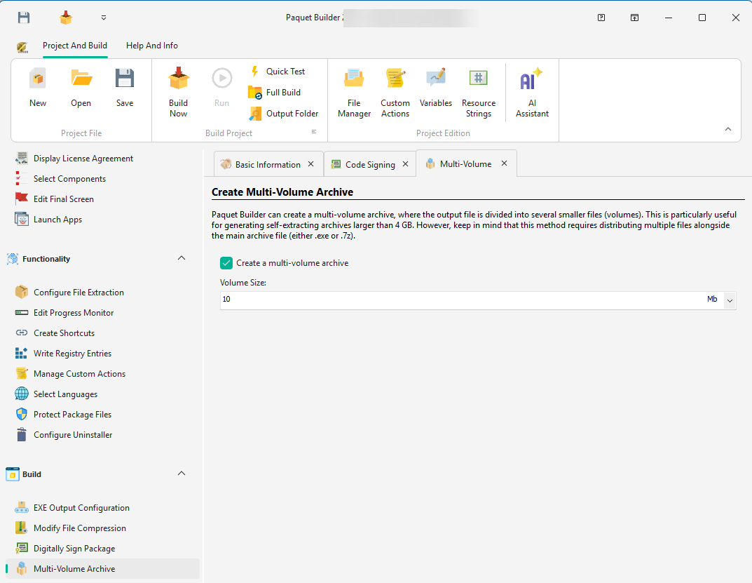 Multi-volume archive settings