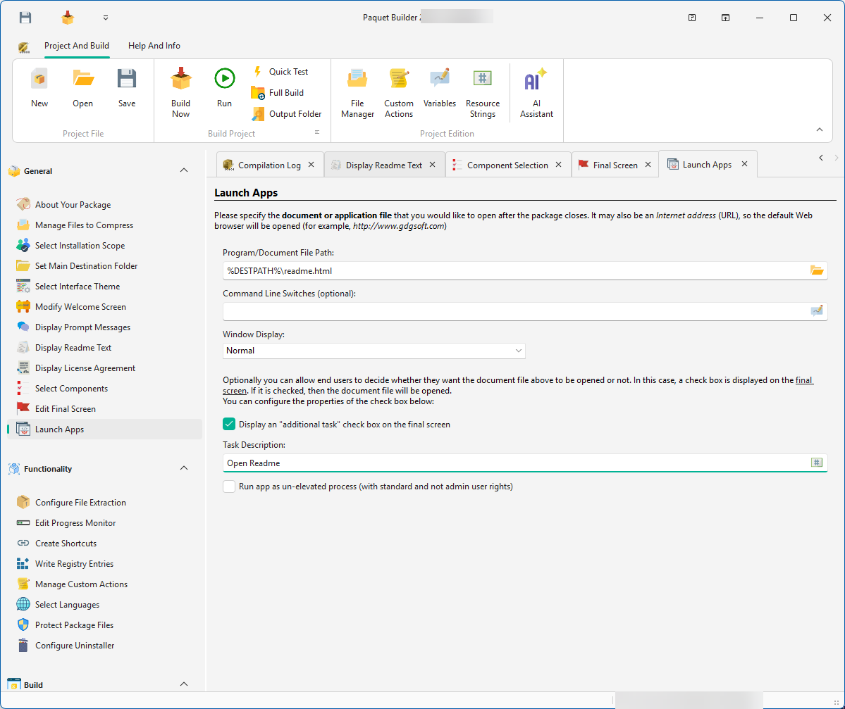 Launch Apps page in Paquet Builder