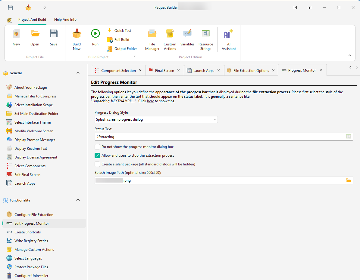 Edit Progress Monitor page in Paquet Builder with layout choices for the extraction progress dialog
