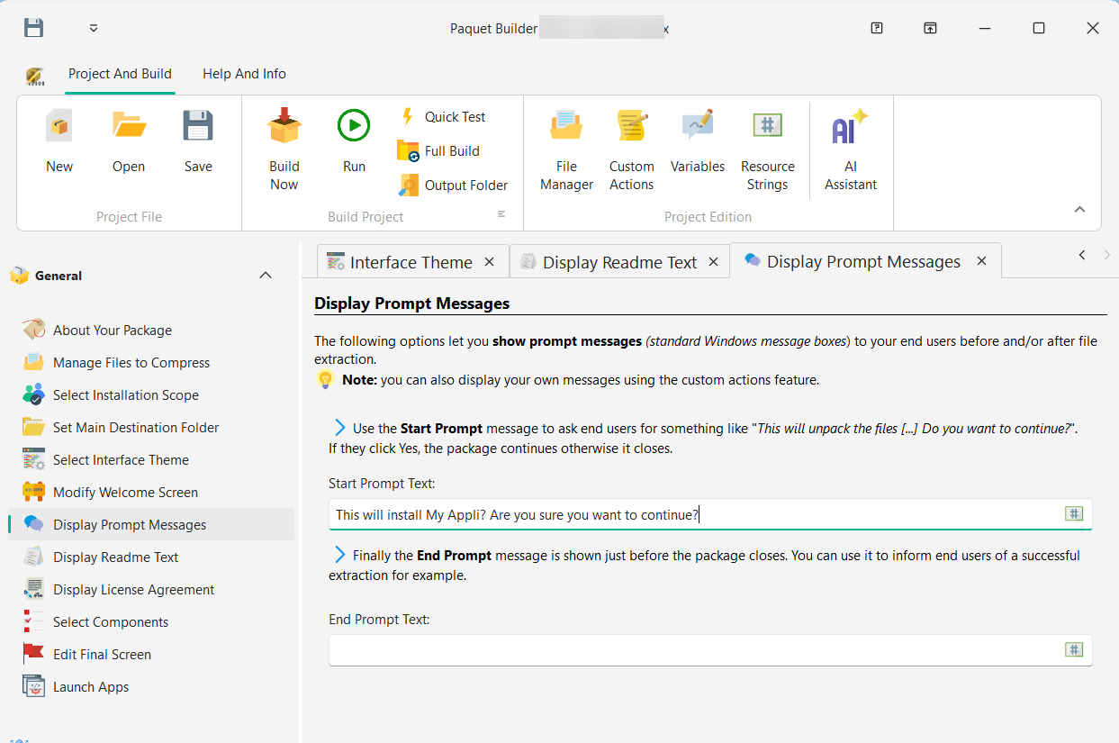 Display Prompt Messages page in Paquet Builder