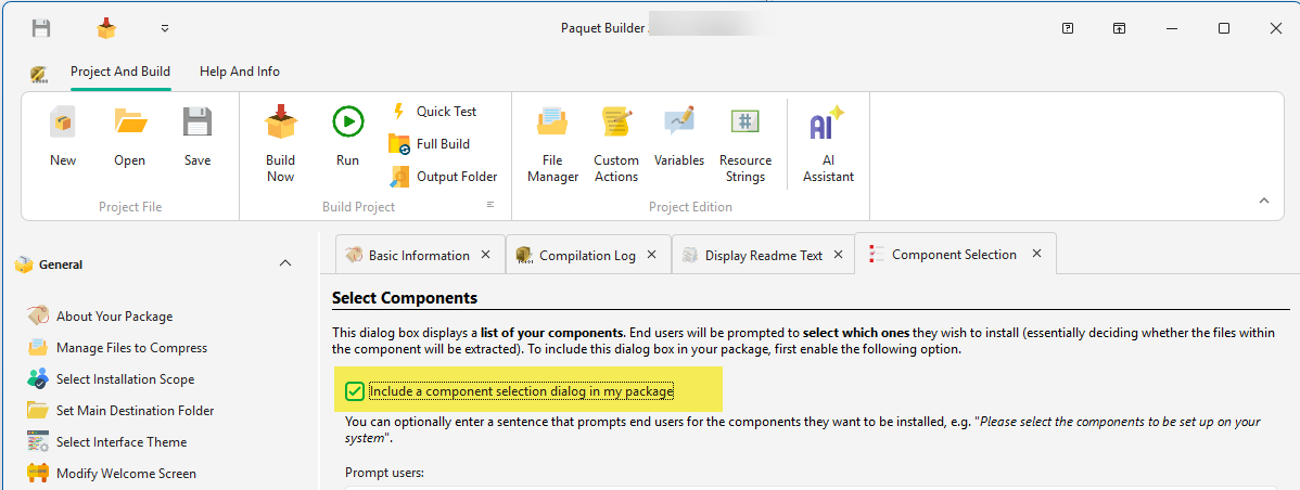 Select Components page in Paquet Builder