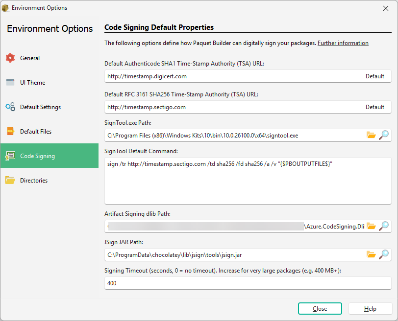 The new Signing Timeout field in the Environment Options Code Signing page, set to 400 seconds for very large packages