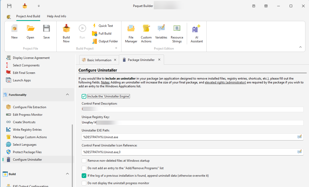 Configure Uninstaller in Paquet Builder