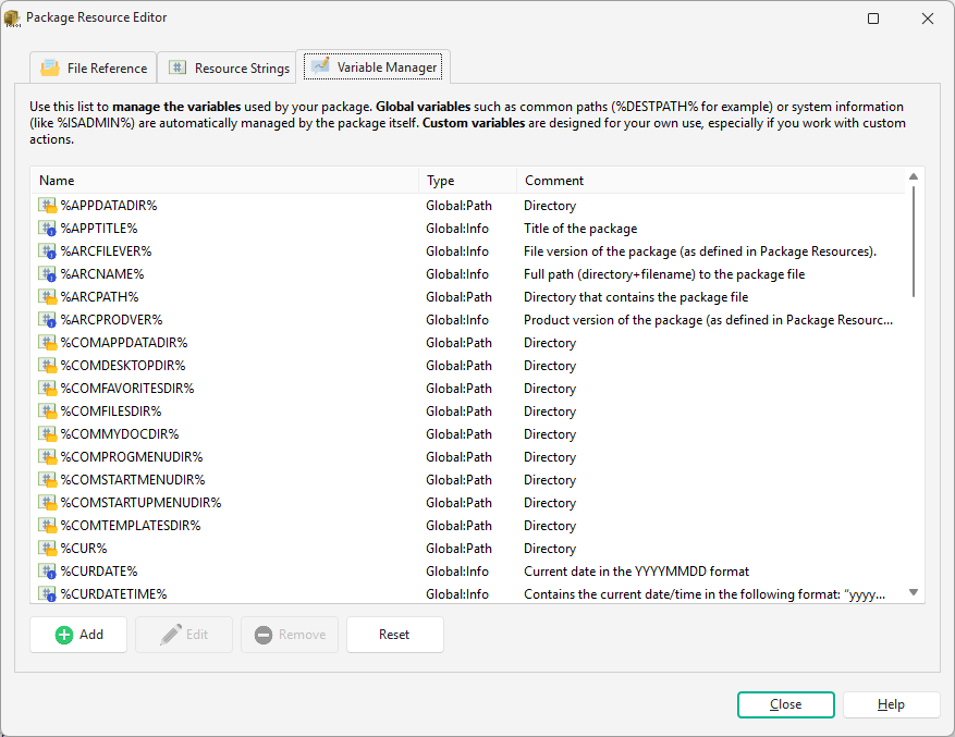 Variable Manager in Paquet Builder for defining installer variables and their default values