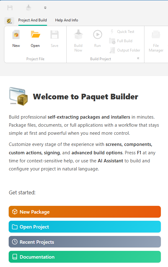 Paquet Builder welcome screen listing recent projects and options to create a new installer, SFX archive or MSI