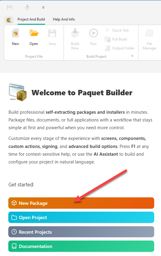 Welcome screen inside Paquet Builder