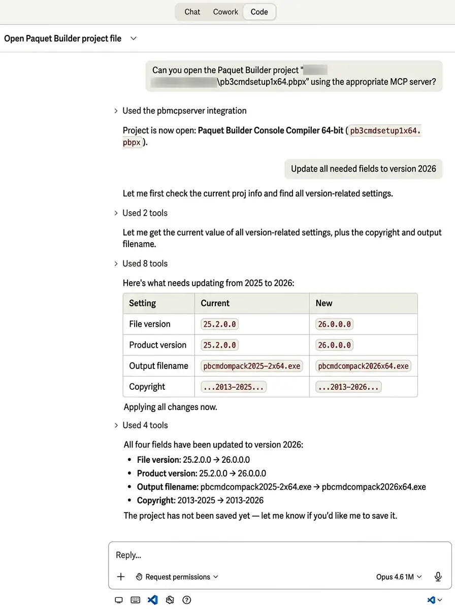 Claude Code using the Paquet Builder MCP server to open a project, read settings, and update version fields through natural language