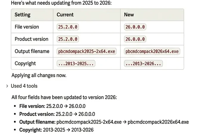 Claude updating version, output filename, and copyright settings of an installer project through the MCP server