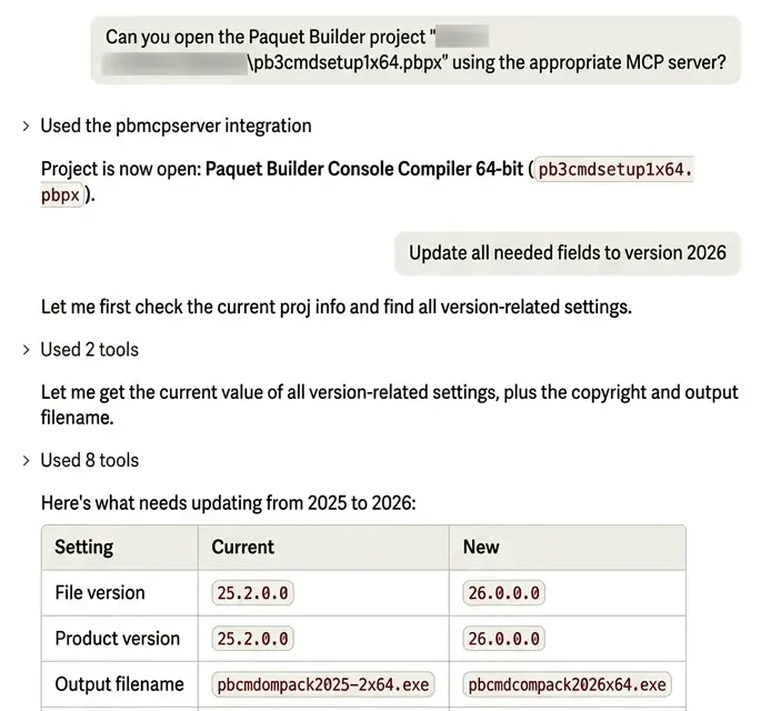 Claude opening a Paquet Builder project through the MCP server and listing the version settings to update