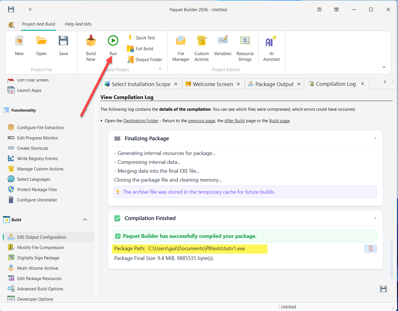 Compilation success dialog