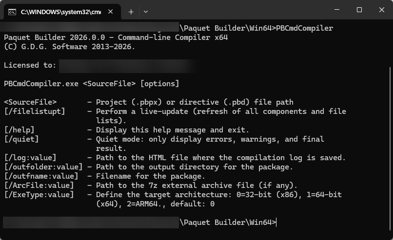 Paquet Builder console compiler running in a Windows terminal for batch and CI/CD builds