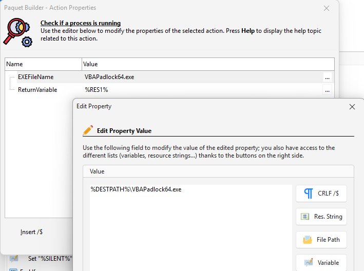 The Edit Property Value dialog opened on an EXE file path, with side buttons to insert line breaks, resource strings, file paths, and variables
