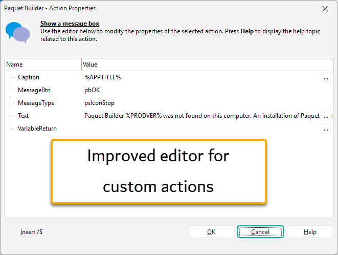 The modernized Action Properties editor showing a Show a Message Box action, with an edit button available on each text property
