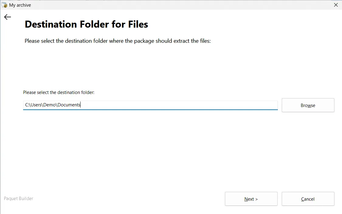 An SFX (self-extracting) archive asking the user to choose an extraction folder at runtime