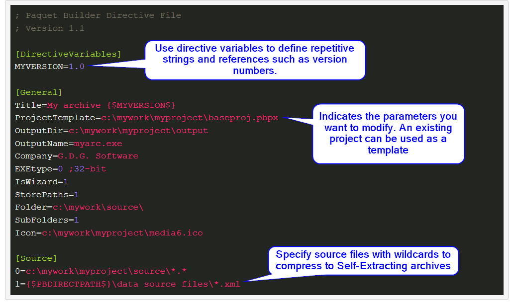 Directive file open in a text editor showing Paquet Builder project settings as plain-text directives