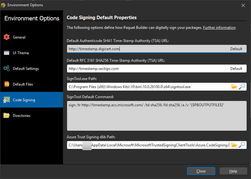 Code signing options in the Environment Options dialog