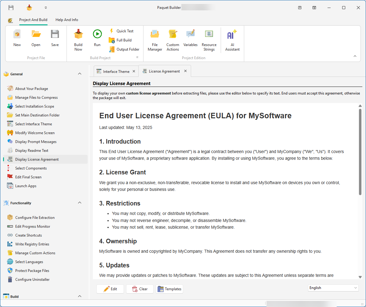 License Agreement editor in Paquet Builder
