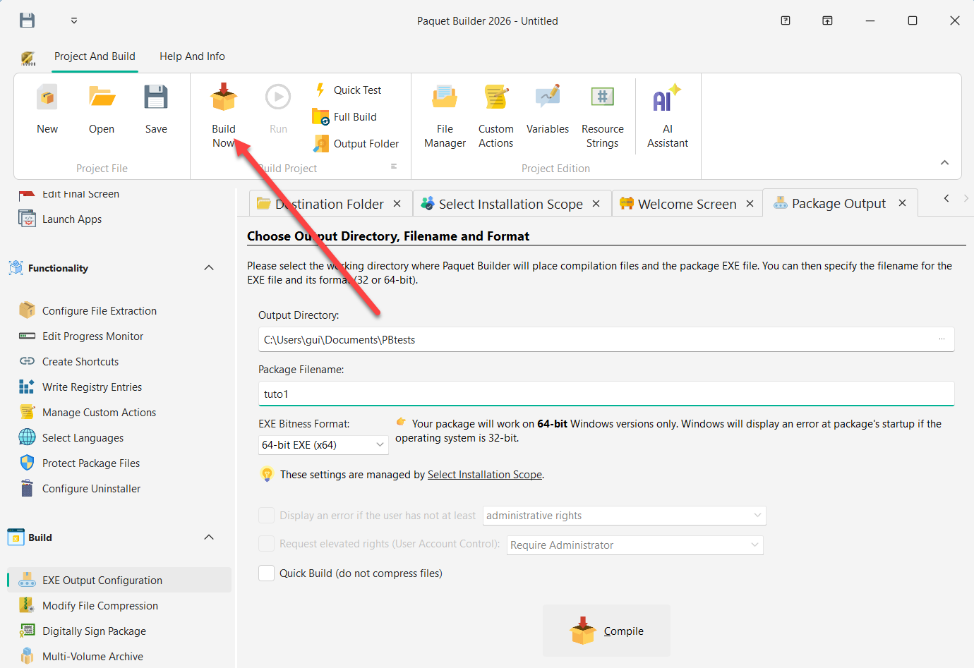 Build now action in output configuration