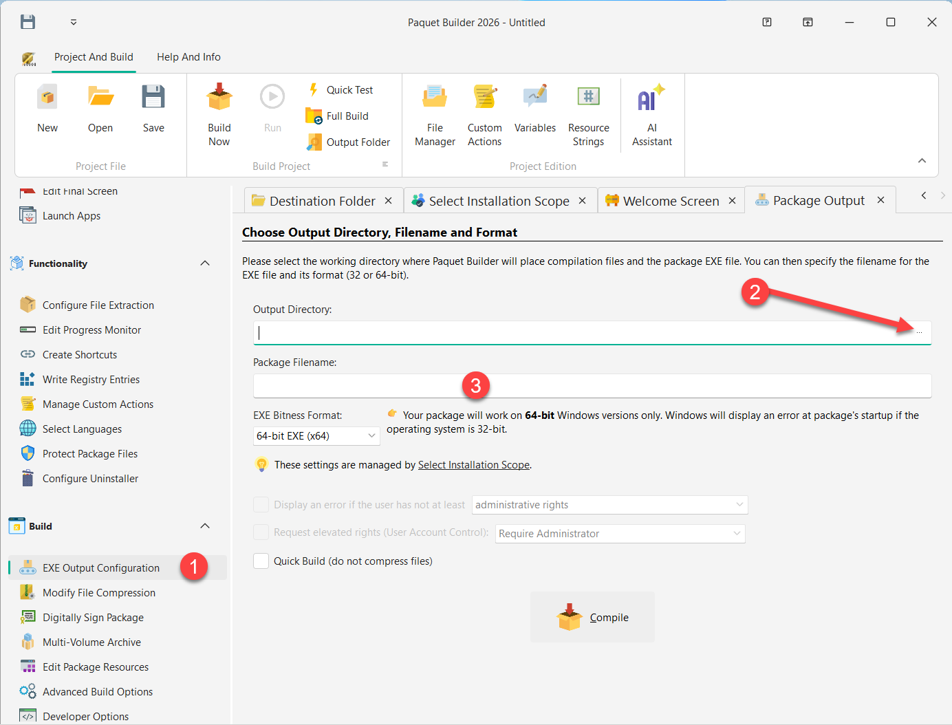 EXE output directory and format configuration