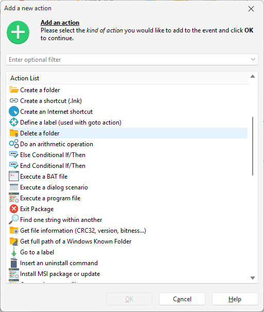 Add a new action dialog listing 60+ available custom action types