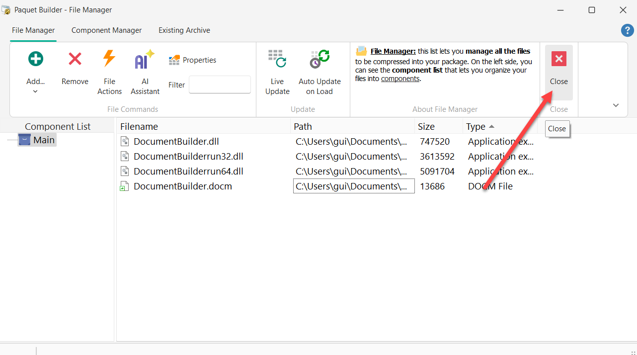 File Manager — files added and ready to close
