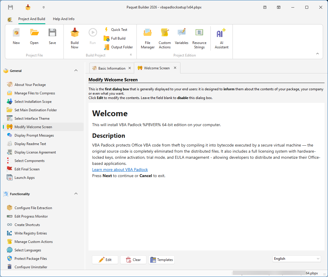 Paquet Builder main window in light theme showing the ribbon, tabbed workspace and settings panel