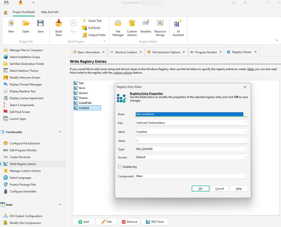 Registry Manager in Paquet Builder for adding, editing and removing Windows registry entries during install
